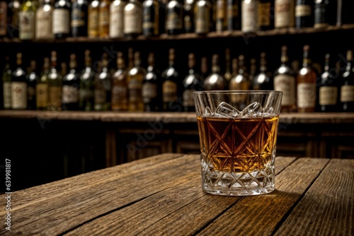 glass of whisky with ice cubes on vintage wooden table with alcohols on the shelf in background