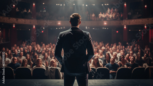 young man in a white shirt and a black suit is standing in front of his back in the theater.