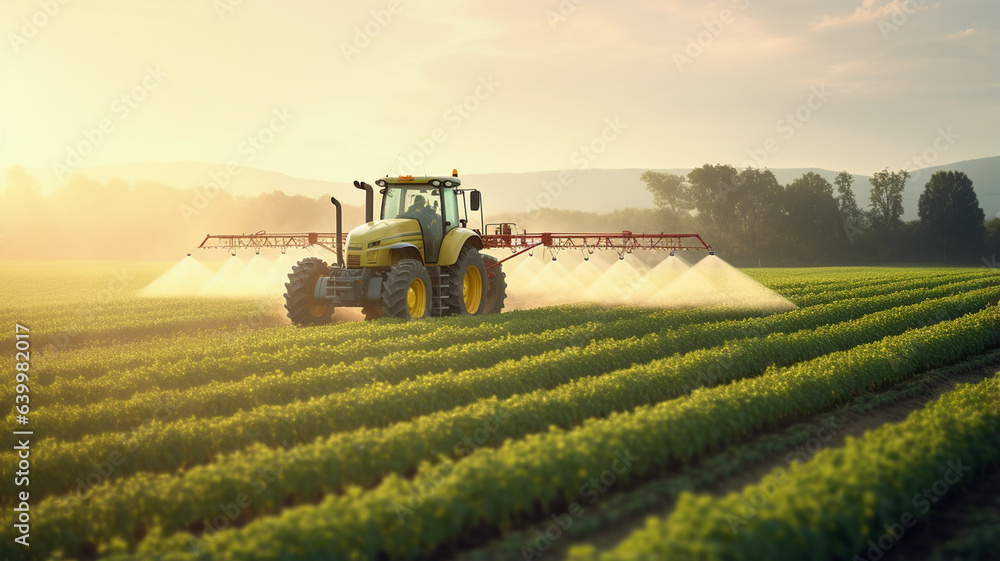 Fototapeta premium modern tractor working in the field with sunset light