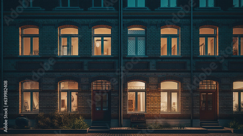 Townhouses facade with illuminated windows in dusk. Modern residential houses in luxury neighborhood. © Matthew