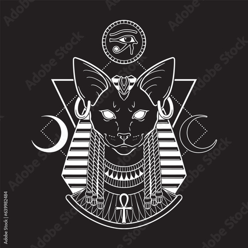 Bastet or Bast ancient Egyptian goddess sphynx cat in gothic style hand drawn vector illustration