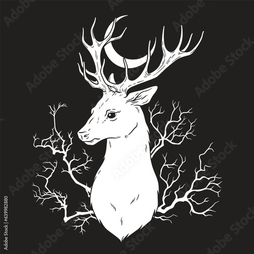 Hand drawn deer in the forest with crescent moon line art and dot art print design vector illustration