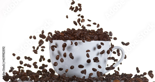 Coffee Beans Falling into a Cup against White Background