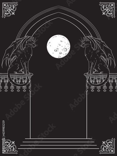 Gothic arch with black cats gargoyles hand drawn vector illustration. Frame or print design