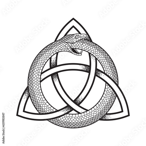 Ouroboros or uroboros serpent snake consuming its own tail and ouroboros. Tattoo, poster or print design vector illustration