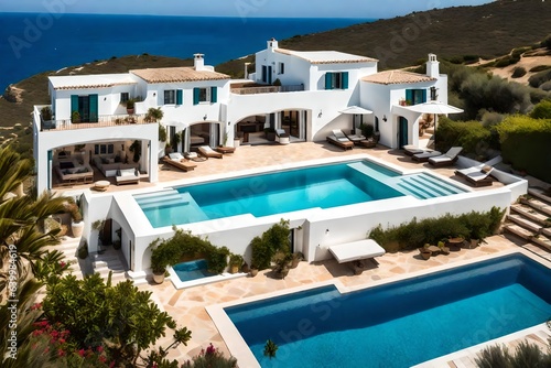 White house typical of the Mediterranean style with a pool on a hill with an amazing sea view. Background of the summer holiday