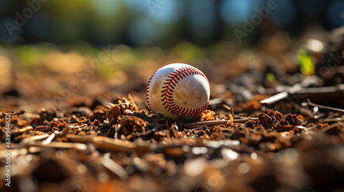 baseball lying on the ground of a baseballfield photo