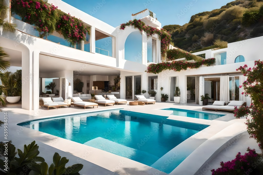 Fototapeta premium White house typical of the Mediterranean style with a pool on a hill with an amazing sea view. Background of the summer holiday