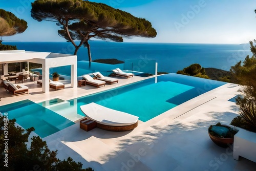 White house typical of the Mediterranean style with a pool on a hill with an amazing sea view. Background of the summer holiday © Sajida