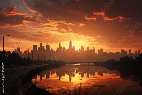 Golden Hour Cityscape: City skyline bathed in the orange light of the setting sun. 