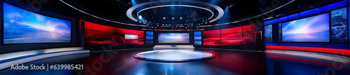 Empty TV studio set for breaking news with podium and spotlight mock up background. Television or Cable news live studio presentation and production setup with audience. Generative ai