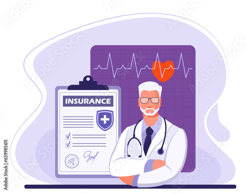 Health insurance policy, male doctor and heart cardiogram. The concept of health insurance, health care, medicine, healthy lifestyle. Vector flat illustration in blue and purple.