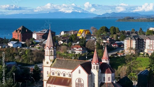 Famous Church At Puerto Varas In Los Lagos Chile. Volcano Landscape. Downtown Cityscape. Los Lagos Chile. Llanquihue Lake. Famous Church At Puerto Varas In Los Lagos Chile. photo