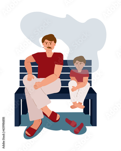 The father smokes in the presence of the son on a walk. A man with a cigarette sits on a bench next to a child in a cloud of smoke. harm of smoking, bad habit, harm to health. Vector illustration