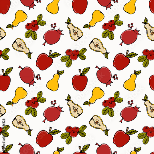 seamless pattern colored doodle fruits apples, pears, pomegranates and cranberries on white - autumn background, vector illustration. For packaging, textiles, wallpapers, web design