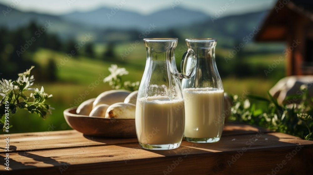 Milk in a bottle on wooden platform, background two cows on a green field