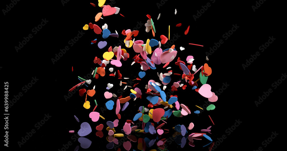 Hearts for Valentine's Day Party Exploding on Black Background