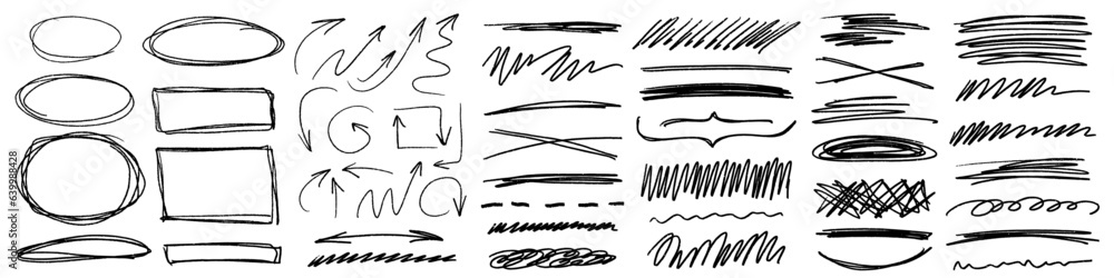 Grunge charcoal scribble stripes, emphasis arrows, handdrawn doodle bold shapes. Chalk crayon or marker doodle rouge freehand scratches. Vector illustration of lines, waves, squiggles by marker Grunge charcoal scribble stripes, emphasis arrows, handdrawn doodle bold shapes. Chalk crayon or marker doodle rouge freehand scratches. Vector illustration of lines, waves, squiggles by marker