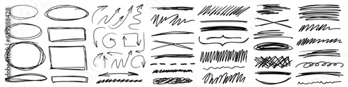 Grunge charcoal scribble stripes, emphasis arrows, handdrawn doodle bold shapes. Chalk crayon or marker doodle rouge freehand scratches. Vector illustration of lines, waves, squiggles by marker