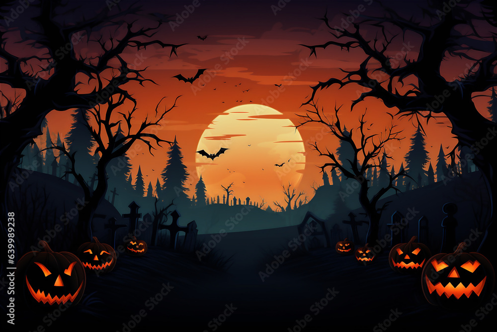 Halloween woods, trees, bats and pumpkins under full moon at night