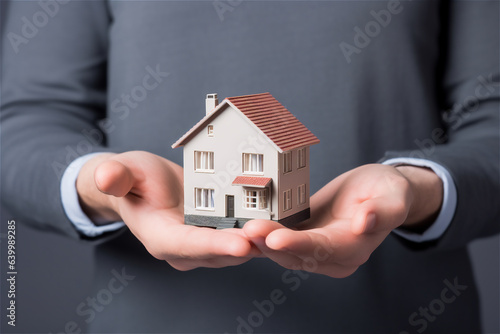 close up of hands holding a small model of a house. a mortgage loan to a young family, purchasing a new home, moving into home ownership, renting real estate for living