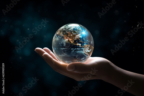 close up of a hand holding planet Earth. environment pollution, save clean planet and ecology, sustainable lifestyle