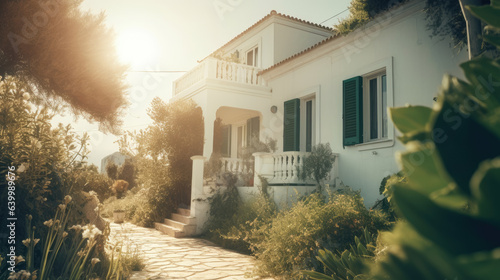 Traditional mediterranean white house. Summer vacation background.