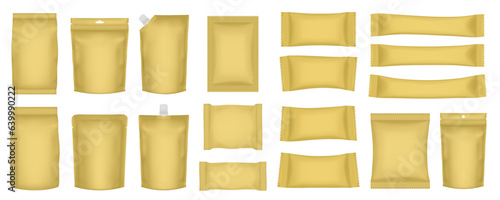 Set of realistic pouch mockups. Gold flow pack, sachet, zip bag and doypack. Ice cream wrapper. Sheet mask sachet. Soap or wet wipes packaging. Sugar stick