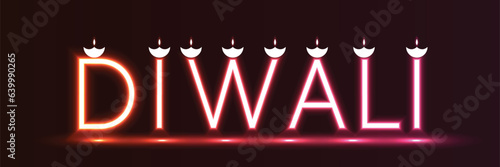 Diwali Indian Festival glowing effect typography logo with diya on top dark background vector