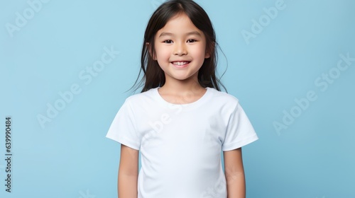 Asian young girl wearing white tshirt on blue background mockup