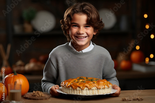 Smiling boy in cozy turtleneck serves homemade pumpkin pie on rustic wooden table for Thanksgiving feast