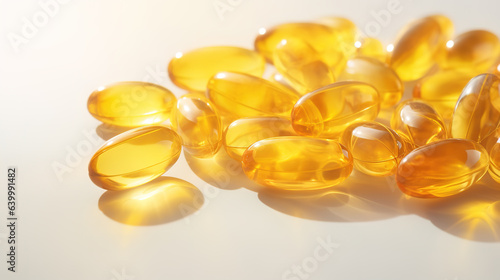 Transparent yellow vitamins on a light background. Vitamin D, omega 3, omega 6, Food supplement oil filled fish oil, vitamin A, vitamin E, flaxseed oil. photo