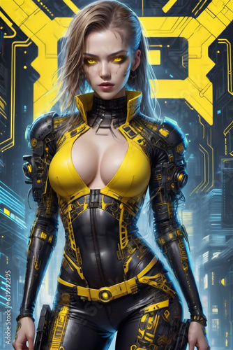 Portrait of a futuristic female with yellow futuristic dress technology expert, tuner, or hacker