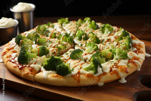 Circle pizza broccoli with chicken nuggets and mozzarella cheese on wooden table high quality with white background, keep the image on center high detail, and shutter stock style.