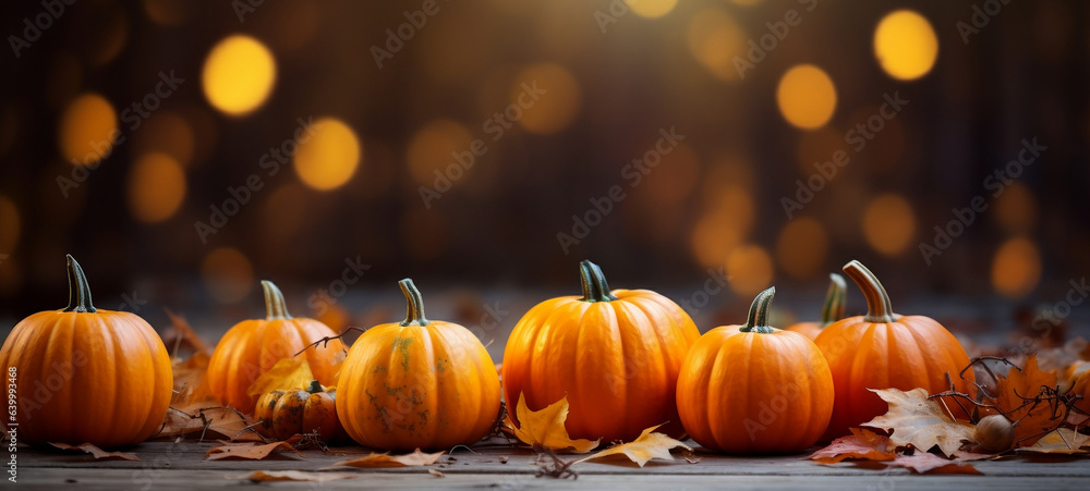 Enchanting Harvest, Vibrant Pumpkins and Whimsical Leaves Dance on a Cozy Autumn Table - obrazy, fototapety, plakaty 