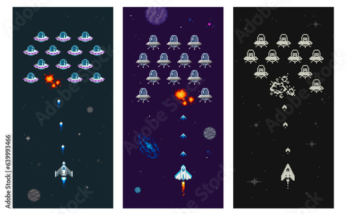 8-bit computer game space arcade in Pixel Art style. Pixelated graphics Space battle scene design. Editable Retro pixel video game elements. Vector template set
