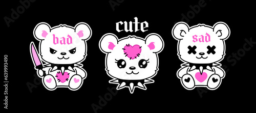  Y2k Teddy Bear toy in 2000s tattoo art sticker or badge. Emo Goth 00's tattoo sticker, black and pink colors. Cute girly gothic Teddy Bear toy with studded collar and knife for y2k print design