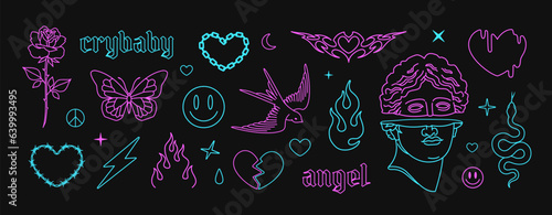 Y2k Tattoo art stickers in 90s - 00s style. Butterfly, barbed wire, fire, flame, chain heart, swallow, snake, rose psychedelic tattoo style. Vector 2000s tattoo designs in pink and blue style