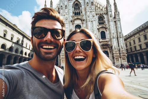 Happy couple taking selfie in front of Duomo cathedral © Celina