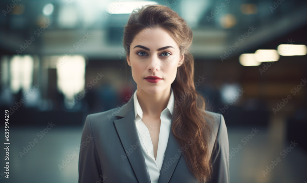 Present-day female entrepreneur situated in an office environment with a hazy background. Present-day female entrepreneur situated in an office environment with a hazy background.
