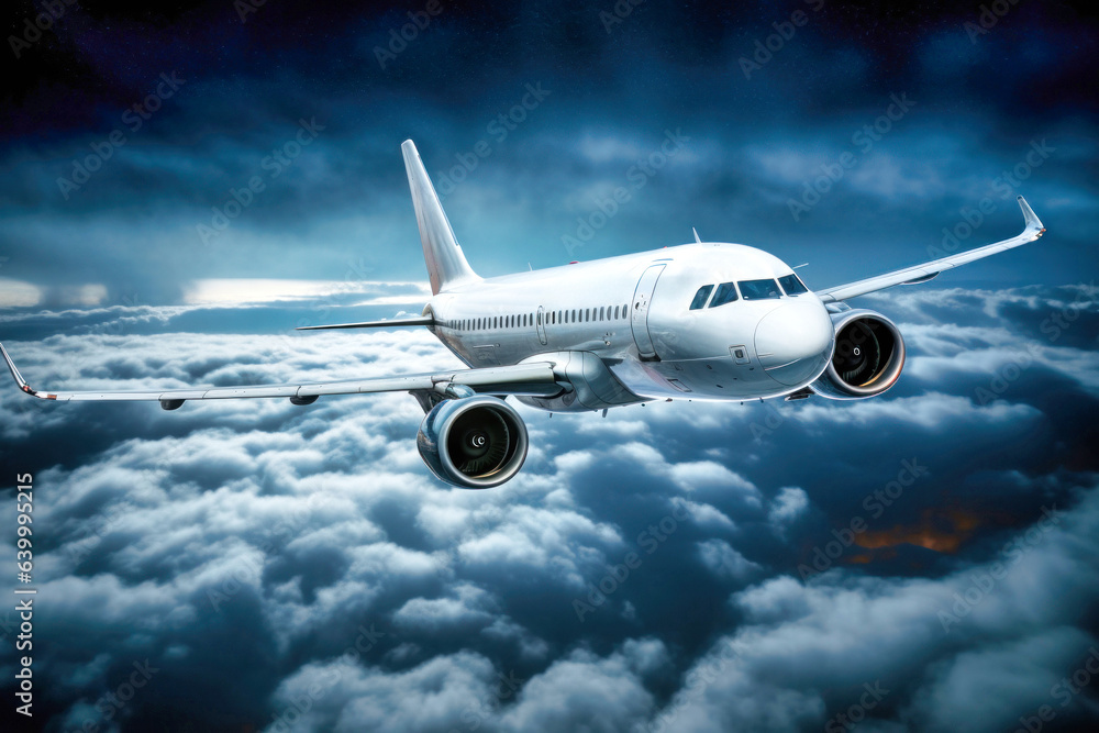 Obraz premium A passenger plane is flying over the clouds.