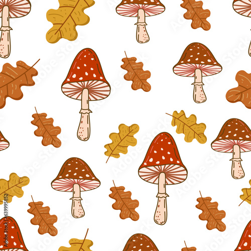 pattern with poisonous mushroom fly agaric and oak leaf vector illustration