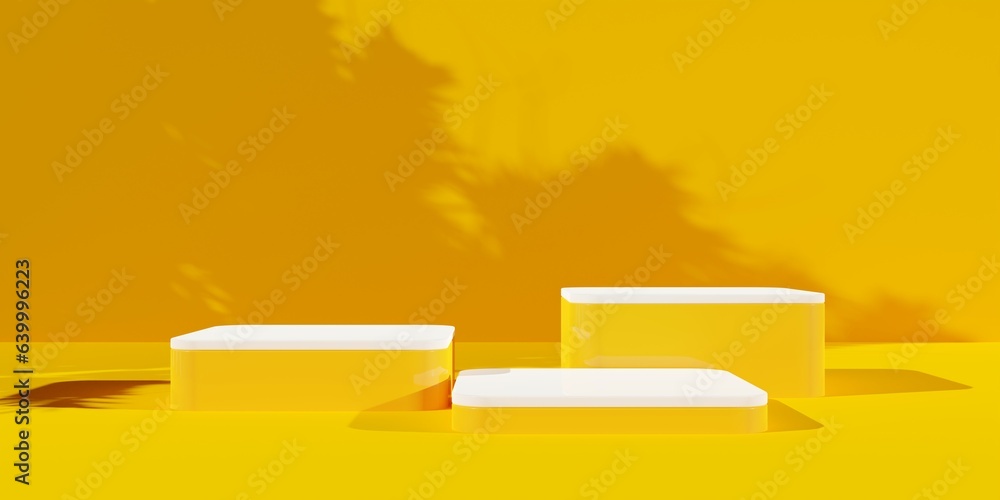 Three empty, blank, rounded square podium or dais in yellow room background with tree shadow, product or design placement template - obrazy, fototapety, plakaty 