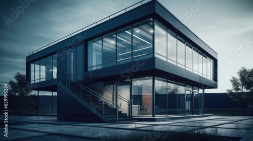 two story modern small industrial minimalist design style office building, incorporate glass elements.