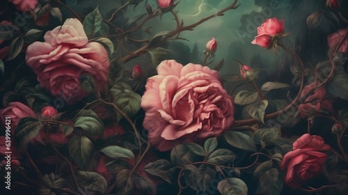 Wallpaper Mural Oil painted colorful flowers; vivid and old styled creating a sense of medieval times. Popping out shapes, leaves and beads, stunning aesthetics and perspective.  Torontodigital.ca