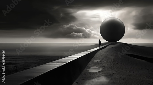 A huge sphere blocks the path of a man walking through a surreal desert at night. The concept of finding a way out of a difficult situation. Lonely silhouette. Illustration for cover, card, etc.