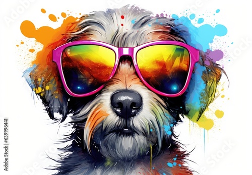 Stylish dog posing in sunglasses is painted with watercolor paints with splashes of paint on it. Close portrait of furry puppy in fashion style. Printable design for t-shirt, bag, case, pillow, etc. © Login