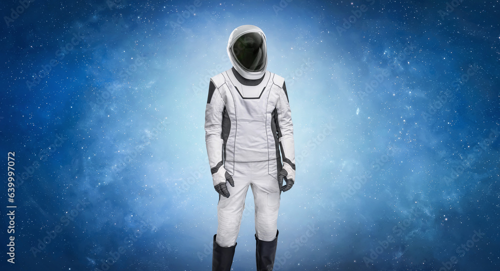 Fototapeta premium Astronaut stand in deep bright space. Future space mission from Earth planet. Spaceman in stars. Elements of this image furnished by NASA