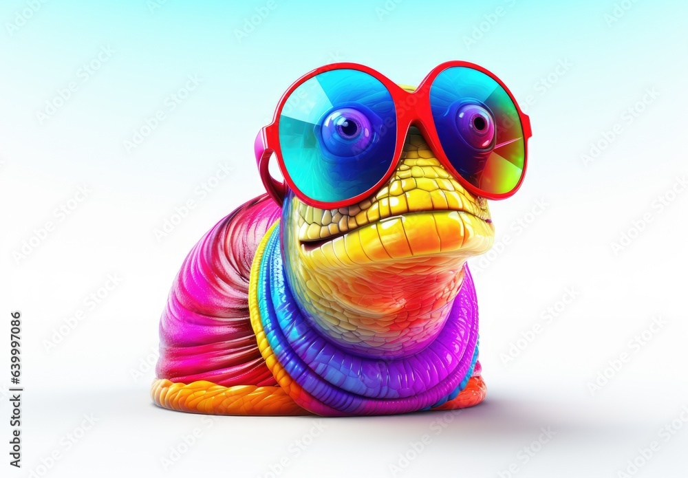 Fototapeta premium Close-up of a colorful toy snail on a gradient background. Plastic figurine of rainbow color made of ceramics, plasticine and other materials. Can be printed on t-shirt, bag, postcard, etc.