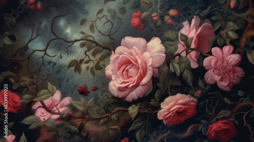 Wallpaper Mural Oil painted colorful flowers; vivid and old styled creating a sense of medieval times. Popping out shapes, leaves and beads, stunning aesthetics and perspective.  Torontodigital.ca